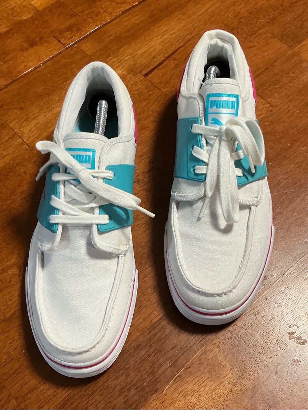 Puma White Sneakers with Teal and Pink Accents